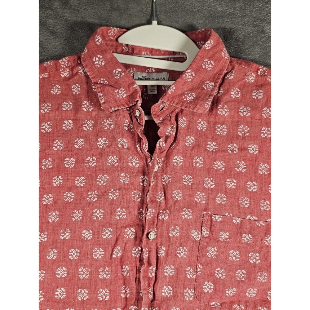 Peter Millar Linen Button Shirt Mens L Red White Floral Print Casual Lightweight